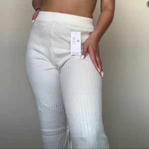 Cream ribbed flare pants